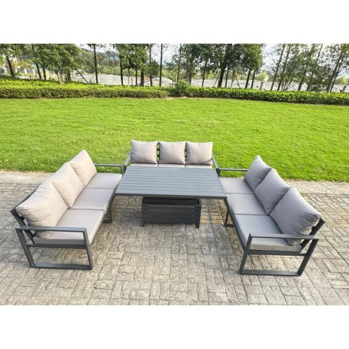 Fimous 8 Piece Garden Furniture Set 9-Seater Aluminium Outdoor Dining Set with Adjustable Rising Lifting Dining Table & Cushions 2 Side Tables 3 Chairs Dark Grey