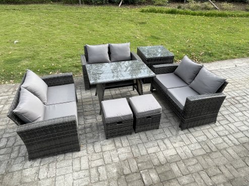 Fimous 7 PCS Outdoor Lounge Sofa Set Wicker PE Rattan Garden Furniture Set with Rectangular Dining Table Love Seat Sofa Side Table 2 Small Footstools Dark Grey Mixed