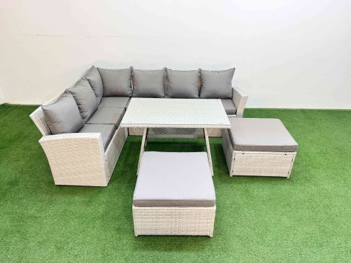Fimous Garden Outdoor Rattan Furniture Set Rattan Corner Sofa Oblong Dining Table Set with 2 Big Footstools Light Grey Mixed 8 Seater