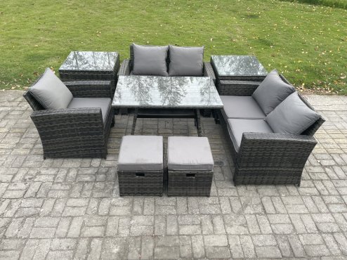 Fimous Garden Dining Set Wicker PE Rattan Outdoor Furniture Sofa with Rectangular Dining Table Double Seat Sofa 2 Side Tables 2 Small Footstools Dark Grey Mixed