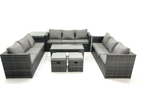 Fimous Outdoor Garden Furniture Set 11 Seater Rattan Sofa Set with Coffee Table 2 Small Footstools Side Table Dark Grey Mixed