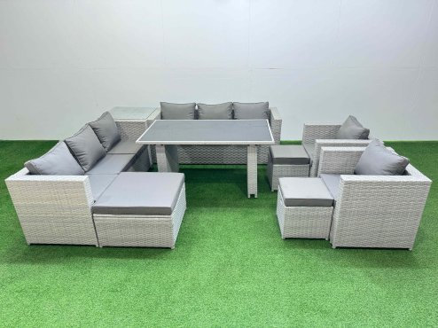 Fimous 11 Seater Wicker PE Rattan Furniture Outdoor Dining Table 3 Seater Sofa Armchair Set with Side Table 3 Stools Light Grey