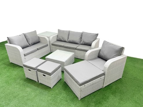 Fimous Patio PE Wicker 9 Seater Outdoor Rattan Furniture Sofa Sets with Square Coffee Table Reclining Chair Loveseat Sofa 3 Seater Sofa Stool Side Table Light Grey