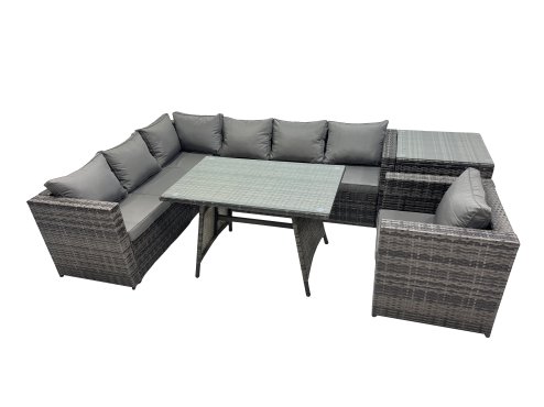 Fimous 7-seater Outdoor PE Rattan Sofa Set with Dining Table Patio Garden Furniture Sets with Chair Side Table Dark Grey Mixed