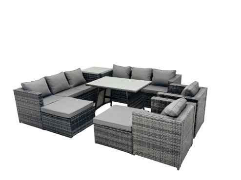 Fimous Rattan Dining Table Sofa Set with Armchair Side Table 2 Big Footstools Outdoor 10 Seat Garden Furniture Set Dark Grey Mixed