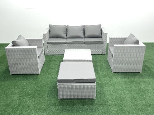 Fimous 6 Seater Rattan Garden Furniture Set with 3 Seater Sofa 2 Chair Square Coffee Table Big Footstool Light Grey Mixed