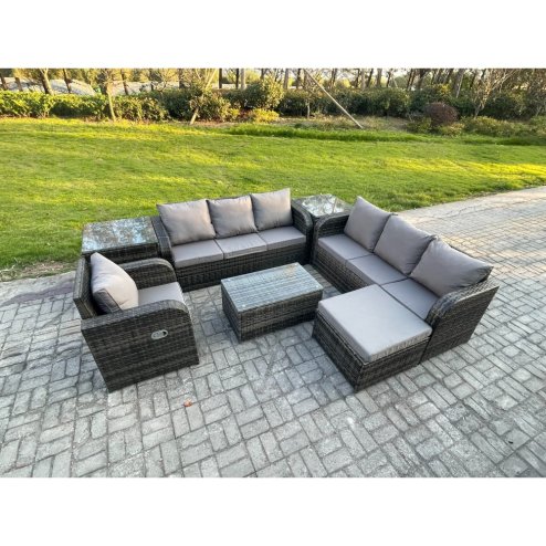 Fimous 8 Seater Rattan Outdoor Garden Furniture Sofa Set Patio Table & Chairs Set with 3 Seater Sofa Reclining Chair 3 Seater Sofa 2 Side Tables Big Footstool Dark Grey Mixed