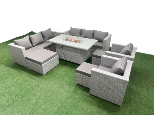 Fimous 11 Seat PE Rattan Lounge Sofa Set Outdoor Garden Furniture Set with Firepit Dining Table 3 Seater Sofa 3 Footstools Light Grey
