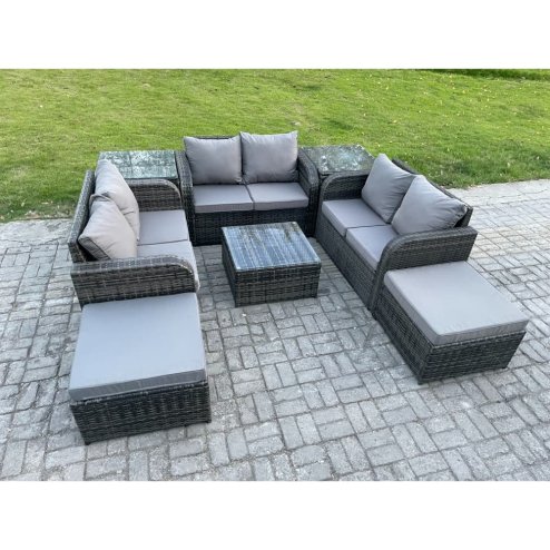 Fimous 8 Seater Outdoor Garden Furniture Sets Wicker Rattan Furniture Sofa Sets with Square Coffee Table Love seat Sofa 2 Big Footstool 2 Side Tables