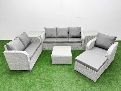 Fimous Patio PE Wicker 7 Seater Outdoor Rattan Furniture Sofa Sets with Square Coffee Table Reclining Chair Loveseat Sofa 3 Seater Sofa Big Footstool 2 Side Table Light Grey
