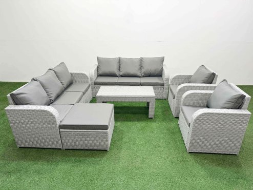 Fimous PE Rattan High Back Lounge Sofa Set Patio Oblong Coffee Table & Chairs Set with 3 Seater Sofa Reclining Chair Big Footstool Light Grey