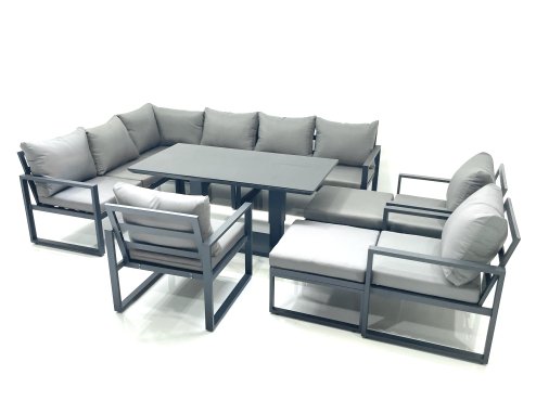 Fimous Aluminum Outdoor Garden Furniture Set Corner Sofa 3 Chair 2 Big Footstools Adjustable Rising Lifting Dining Table Sets Dark Grey
