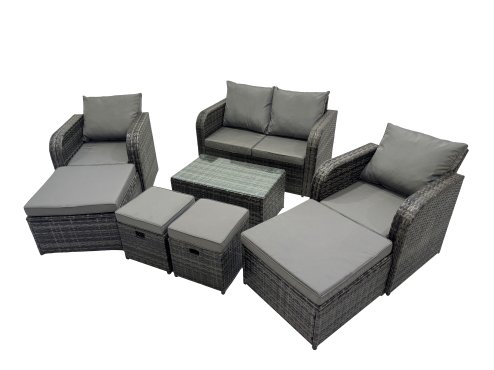 Fimous Outdoor Love Sofa Reclining Chair Coffee Table Set Garden Rattan Furniture Set 8 Seater with 4 Stools Dark Grey