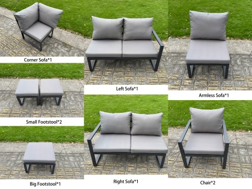 Fimous Aluminium Adjustable Rising Lifting Dining Table Sofa Set 10 Seat Aluminium Garden Furniture Sets with 3 Footstools Chair Dark Grey