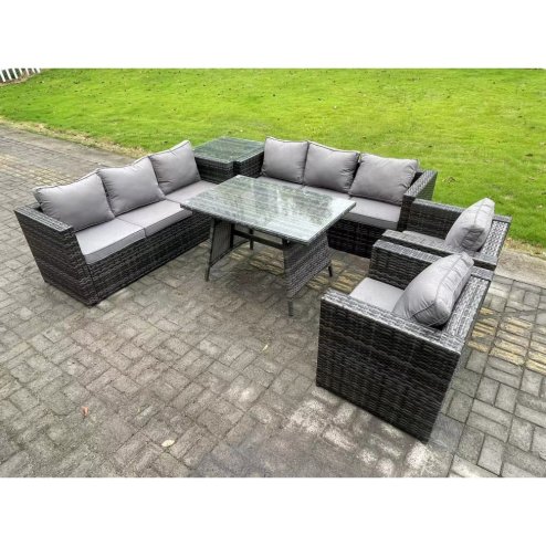 Fimous Rattan Outdoor Furniture Sofa Garden Dining Set with Patio Dining Table 2 Armchairs Side Table 8 Seater Dark Grey Mixed