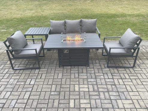 Fimous Aluminium Outdoor Garden Furniture Set Gas Fire Pit Dining Table Set Gas Heater Burner with 2 Arm Chair Side Table Dark Grey 5 Seater