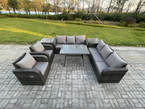 Fimous 8 Seater Rattan Outdoor Garden Furniture Sofa Set Patio Table & Chairs Set with 3 Seater Sofa Rectangular Dining Table 2 Side Tables Dark Grey Mixed