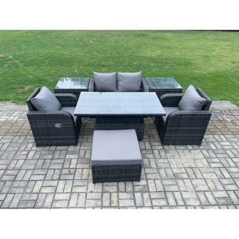 Fimous Outdoor Rattan Furniture Garden Dining Set Height Adjustable Rising lifting Table Love Sofa Chair With 2 Side Tables Big Footstool