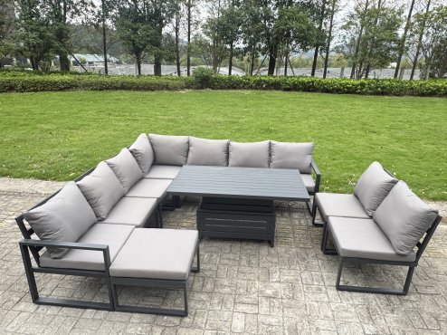 Fimous 10 Pieces Aluminium Garden Furniture Set with Cushions, Patio Furniture Set with Adjustable Rising Lifting Dining Table 2 Small Footstools Dark Grey