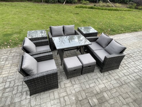 Fimous Garden Furniture Sets 9 Pieces Wicker Rattan Furniture Manual Wicker Patio Sofa Patio Conversation Set with 2 Small Footstools 2 Side Tables Dark Grey Mixed