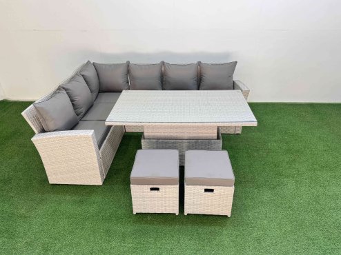 Fimous 8 Seat Rattan Outdoor Garden Furniture Corner Sofa Set Adjustable Lifting Dining or Coffee Table Set with Armchair 2 Small Footstools Light Grey