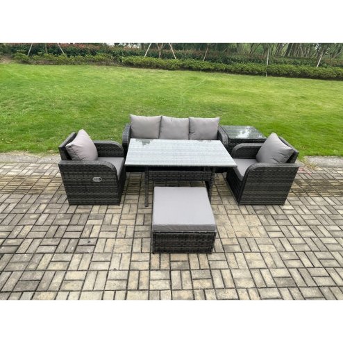 Fimous Wicker PE Rattan Garden Furniture Set Outdoor Rectangular Dining Table and Chair Sofa Set With Side Table Big Footstool Dark Grey Mixed
