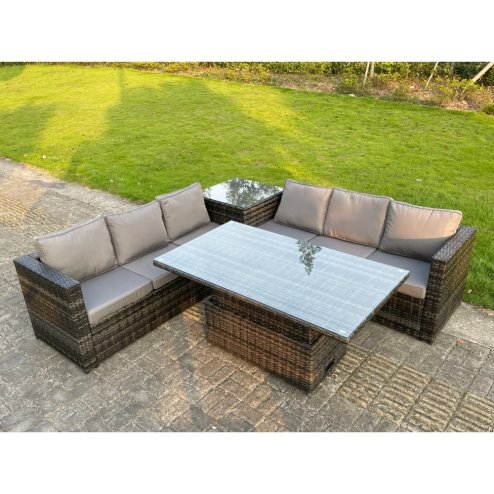 Fimous 6 Seater PE Rattan Corner Sofa Set Rising Adjustable Dining Table Set High Side Table With Seat And Back Cushion
