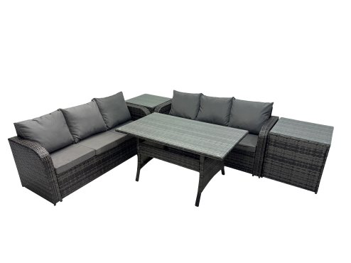 Fimous 6 Seat Outdoor Wicker PE Rattan Garden Furniture Set Dining Table Sofa Set with 2 Side Tables Dark Grey Mixed