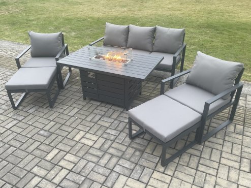 Fimous Aluminium Patio Outdoor Garden Furniture Lounge Sofa Set Gas Fire Pit Dining Table with 2 Big Footstools Dark Grey