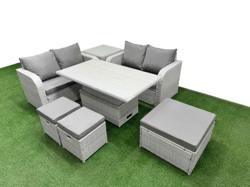 Fimous 7 Seater Outdoor Love Sofa Set Rattan Garden Furniture Set with Adjustable Lifting Dining or Coffee Table 3 Footstool Side Table Light Grey