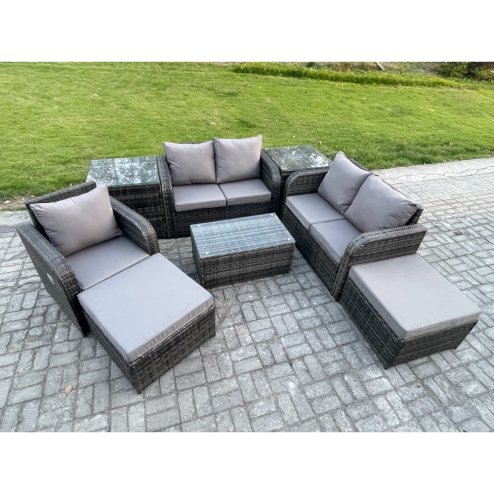 Fimous High Back Rattan Garden Furniture Set with Loveseat Sofa Rectangular Coffee Table 2 Big Footstool 2 Side Tables Indoor Outdoor Patio Lounge Sofa Set Dark Grey Mixed