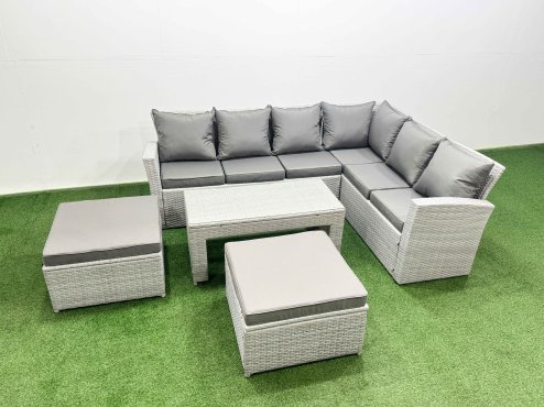 Fimous 8 Seater Garden Outdoor Rattan Furniture Set Rattan Corner Sofa Oblong Coffee Table Set with 2 Big Footstools Light Grey Mixed