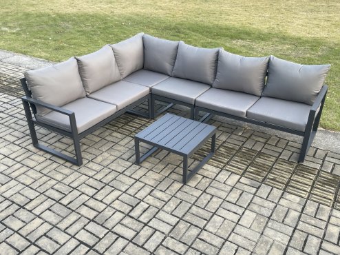 Fimous Aluminium Garden Furniture Set Outdoor Lounge Corner Sofa Square Coffee Table Sets Dark Grey 6 Seater
