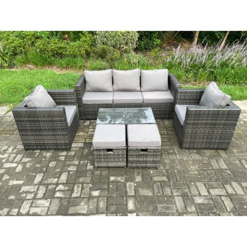 Fimous Outdoor Rattan Garden Furniture Set with 3 Seater Sofa Coffee Table 2 Armchairs 2 Small Footstool Patio Lounge Sofa Set Dark Grey Mixed