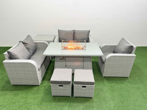 Fimous High Back Poly Rattan Garden Furniture Set with Reclining Chair Loveseat Sofa Firepit Dining Table Indoor Outdoor Patio Set 2 Stool Side Table Light Grey