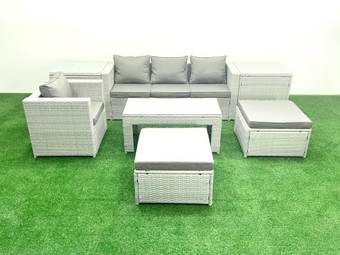 Fimous Outdoor Rattan Garden Furniture Set with Grey Cushions Luxury 6 Seater with 2 Big Footstools and Coffee Table,2 Side Tables For Conservatory,Patio