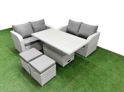 Fimous 6 Seater Outdoor Love Sofa Set Rattan Garden Furniture Set with Adjustable Lifting Dining or Coffee Table 2 Small Stools Light Grey