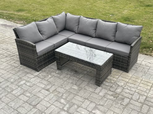 Fimous 6 Seater Outdoor Rattan Garden Furniture Set Corner Sofa Oblong Coffee Table Sets Dark Grey Mixed