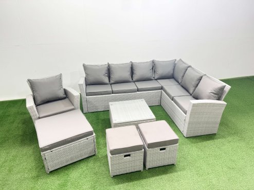 Fimous Rattan Garden Outdoor Furniture Set 10 Seater Rattan Garden Sofa Set with Armchair 3 Footstools Light Grey Mixed