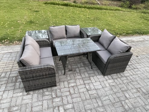 Fimous Rattan Garden Furniture Set 6 Seater Patio Outdoor Love Sofa Set with Rectangular Dining Table 2 Side Tables Dark Grey Mixed