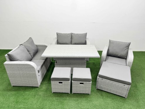 Fimous High Back Poly Rattan Garden Furniture Set with Reclining Chair Loveseat Sofa Adjustable Lifting Dining or Coffee Table Indoor Outdoor Patio Set 3 Stools Light Grey Image