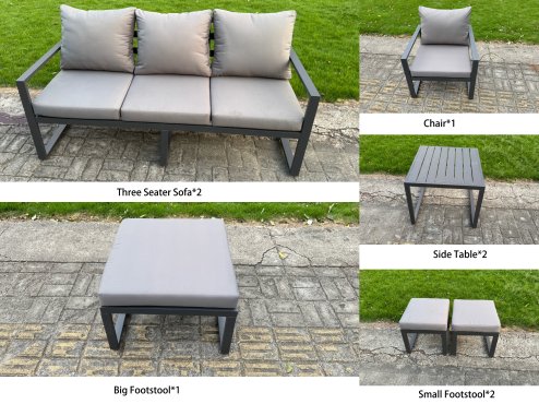 Fimous Garden Aluminium Furniture Set Dark Grey 10 Seater Outdoor Patio Adjustable Rising Lifting Dining Table with 3 Footstools Side Table Dark Grey