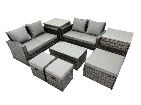 Fimous PE Rattan Garden Furniture Set Lounge Double Seat Sofa Coffee Table Set with 2 Side Tables 3 Stools Dark Grey MixedMixed