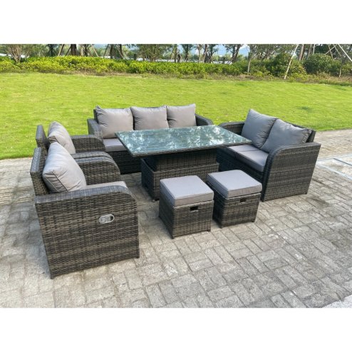 Fimous Dark Mixed Grey Rattan Outdoor Garden Furniture Lifting Adjustable Dining Or Coffee Table Sets Love Sofa 3 Seater Sofa Small Footstools Reclining Chairs 9 Seater