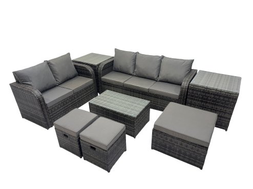 Fimous Outdoor Love Sofa 3 Seater Sofa Coffee Table Set Garden Rattan Furniture Set 8 Seater with 2 Side Tables 3 Stools Dark Grey