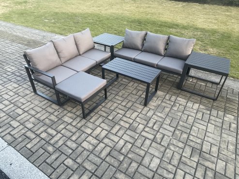 Fimous Aluminium 6 Pieces Outdoor Garden Furniture Lounge Sofa Set with Oblong Coffee Table Big Footstool 2 Side Tables Dark Grey