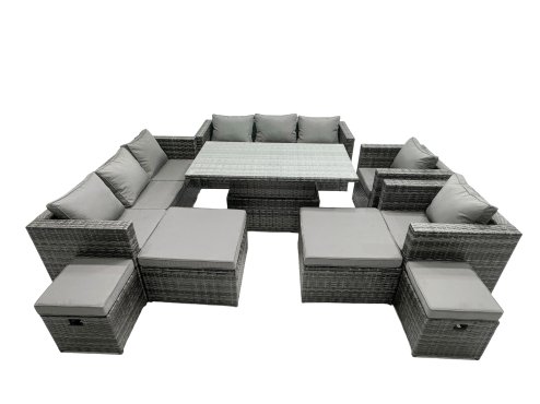 Fimous Rattan Dining Table Sofa Set with 2 Armchair 4 Stools Outdoor 12 Seat Garden Furniture Set Dark Grey Mixed