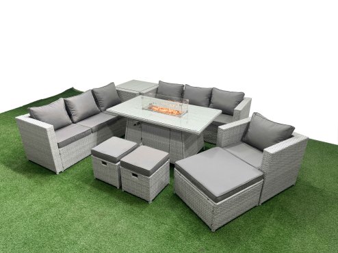 Fimous 10 Seat PE Rattan Lounge Sofa Set Outdoor Garden Furniture Set with Firepit Dining Table 3 Seater Sofa 3 Stools Side Table Light Grey