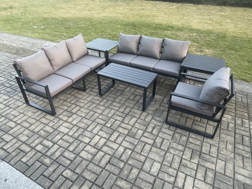 Fimous Aluminium 7 Seater Garden Furniture Outdoor Patio Sofa Set with Rectangular Coffee Table Armchair 2 Side Tables Dark Grey