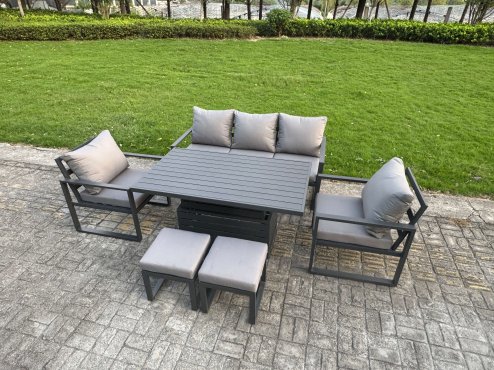 Fimous 7-Piece Aluminium Garden Furniture Sets 6 Seater Outdoor Sofa Set with Adjustable Rising Lifting Dining Table 2 Chairs Big Footstool 2 Side Tables